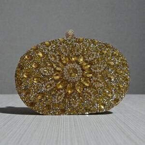 Ramla Gold Crystal Embellished Oval Evening Clutch Beaded Purse NWT